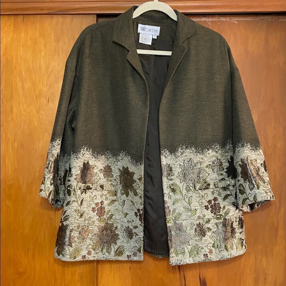 Worth Olive Green Wool Blend Tapestry Open Jacket Floral Abstract 3/4 Sleeves